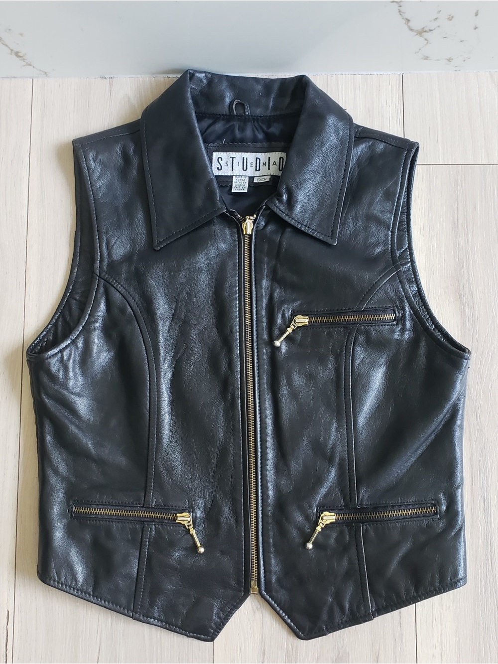 Studio Black Leather Zip Front Vest with Gold Hardware